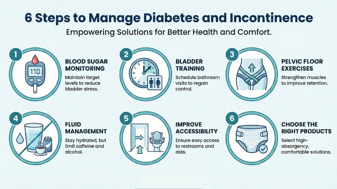 Infographic visual showing 6 steps to managing Diabetes and Incontinence