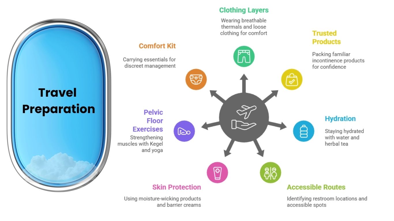 Infographic showing how to prepare for long distance travel for person with incontinence condition