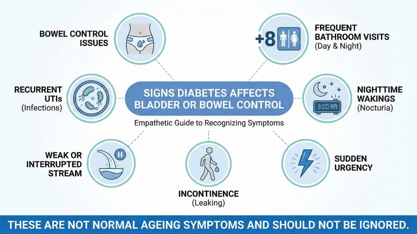 Infographic visual showing Signs Diabetes affecting Bladder or Bowel Control